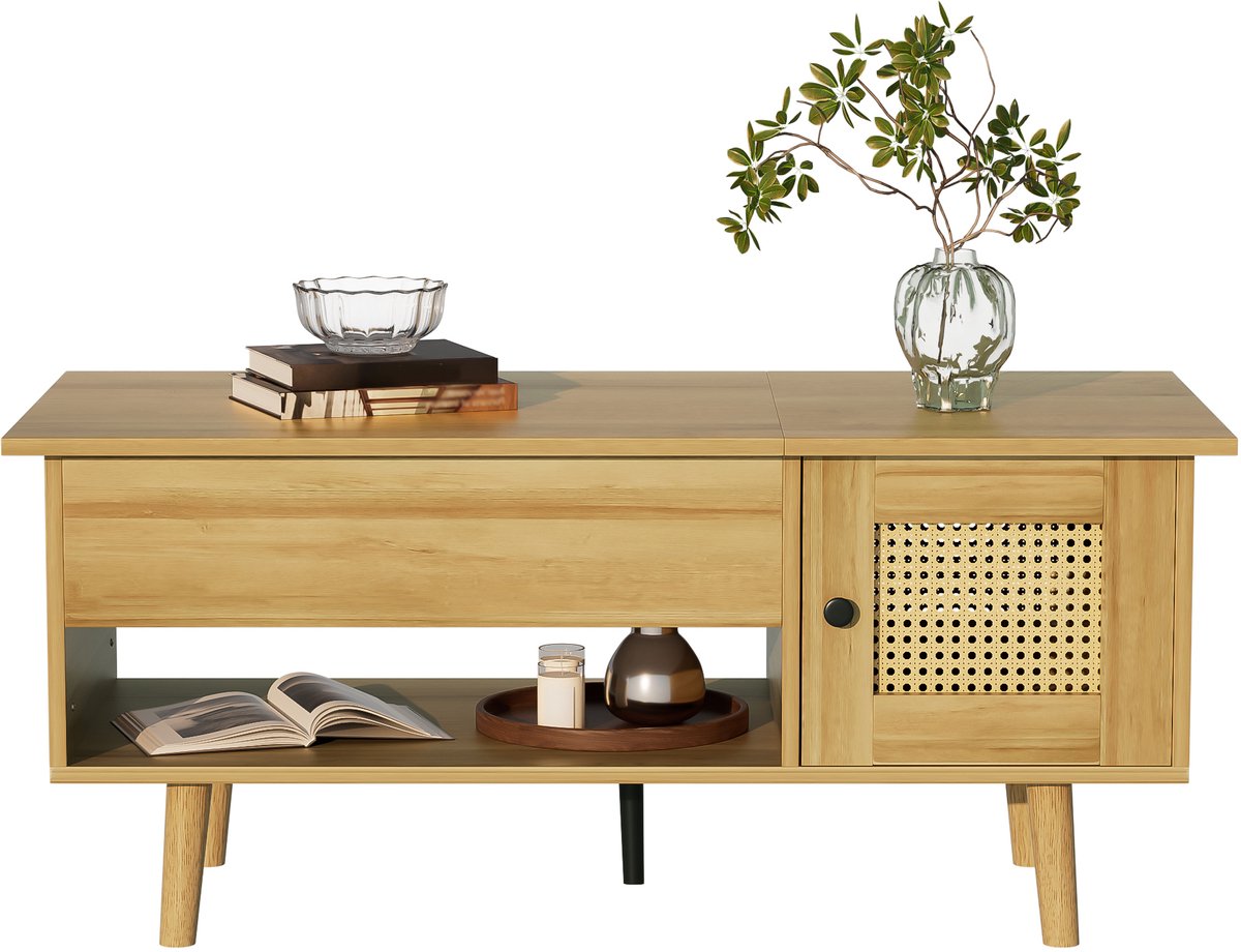Clruro Elegante Salontafel - Opklapbare Tafelblad - Rieten Deuren - Houtkleur met Zwarte Accenten - Woonkamermeubel - Hout - Bruin/Zwart