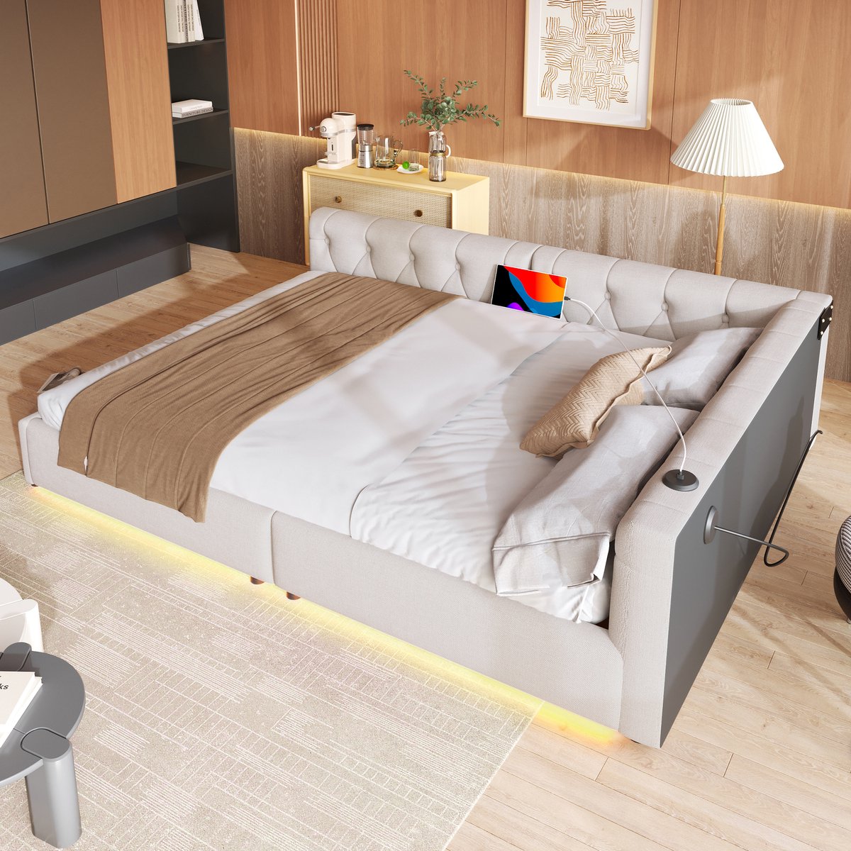 STILVORA Daybed 140x200 cm – Slaapbank Met Lattenbodem – LED-Sfeerverlichting & USB/Type-C Oplaadstation – Linnen – Beige – Zonder matras