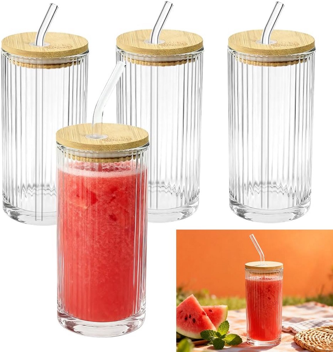 Set van 4 Geribbelde Glazen Bekers met Bamboe Deksel en Rietjes - 360 ml