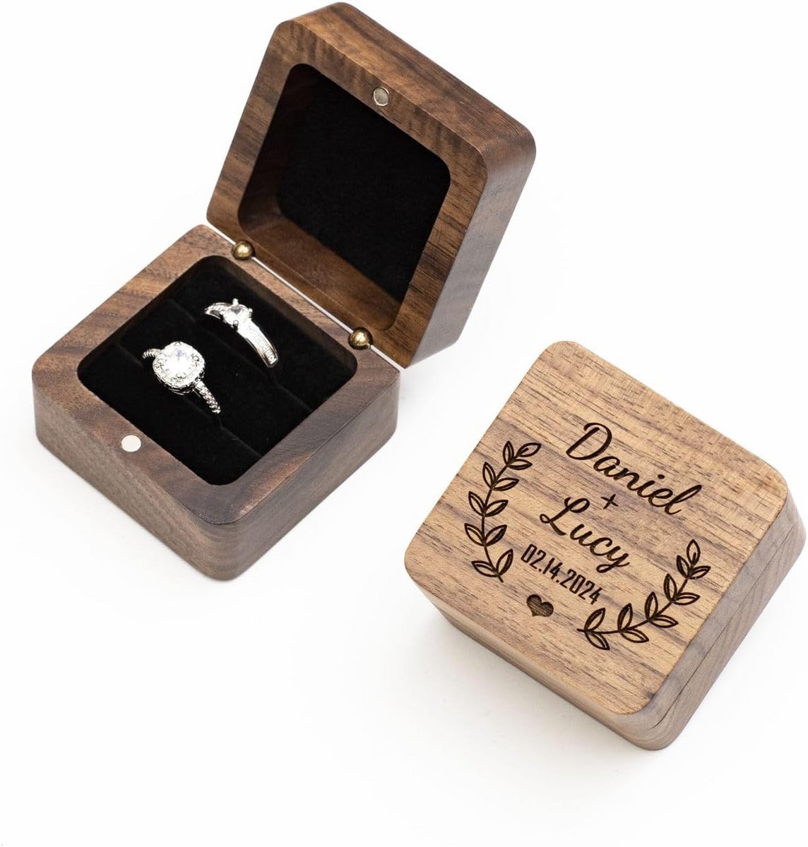 Gepersonaliseerde ringdoos voor trouwdag - Houten trouwringdoos met 2 sleuven