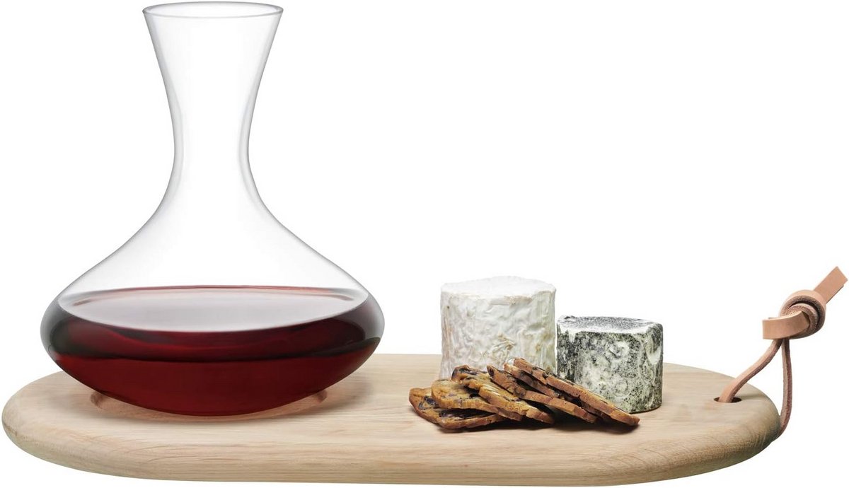 Wijnkaraf 1,4 L met Eiken Kaasplank Handgemaakt Glazen Karaf voor Wijnontharing Set