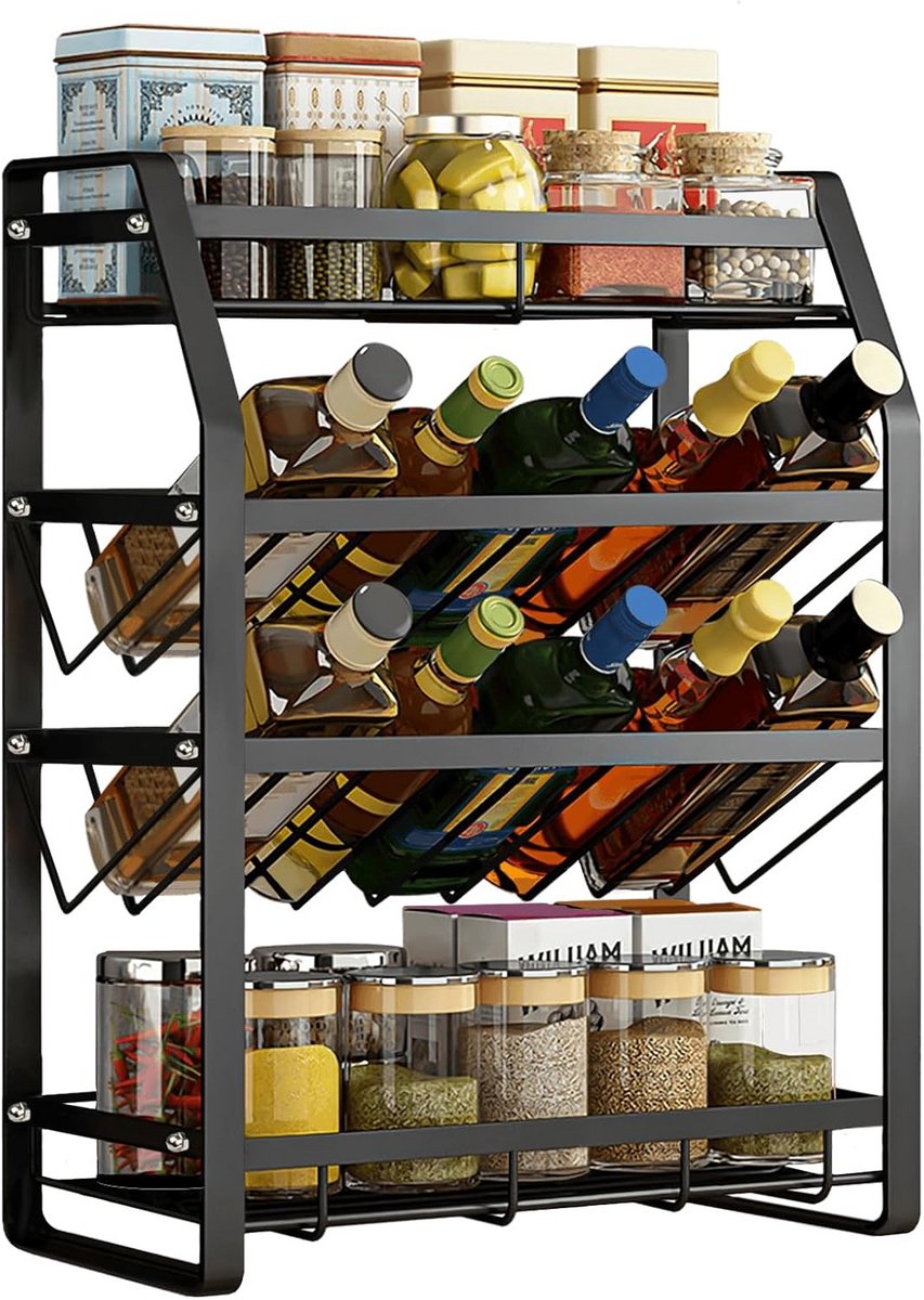 Kruidenorganizer 4 etages met 8 haken - zwart