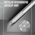 Een zilverkleurig mechanisch potlood met een grip van metaal met schroefdraad voor antislip.