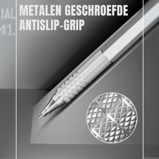 Een zilverkleurig mechanisch potlood met een grip van metaal met schroefdraad voor antislip.