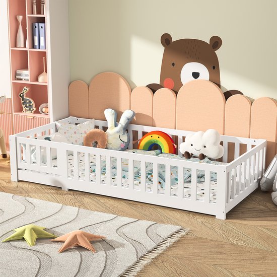 Lit d'enfant avec Barrière – Lit de Sol en Bois Massif avec Petite Porte et Sommier à Lattes | Style Montessori