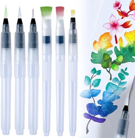 Foto: Penselenset met waterreservoir 6 penselen geschikt voor aquarel kalligrafie en schetsen ideaal voor gebruik onderweg in de studio en thuis 