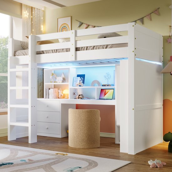 HAUSS SPOLE Lit mezzanine 90x200cm - Lit mezzanine enfant avec LED - Avec armoire intégrée et bureau - Avec 3 tiroirs et étagères de rangement - Bois de pin - Blanc - Sans matelas