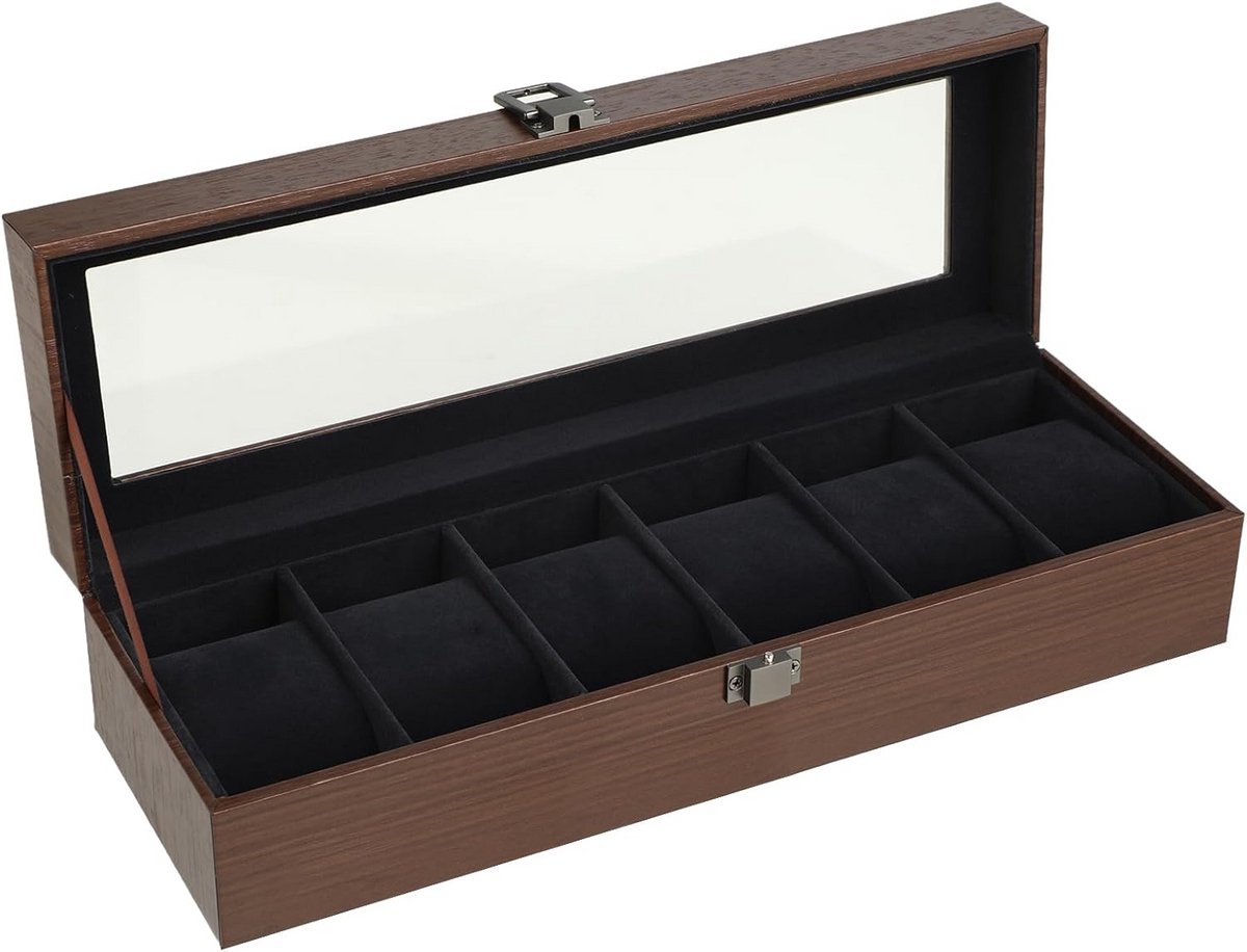 Horlogedoos voor 6 Horloges - Houtlook Walnoot met Glazen Deksel en Uitneembare Kussens