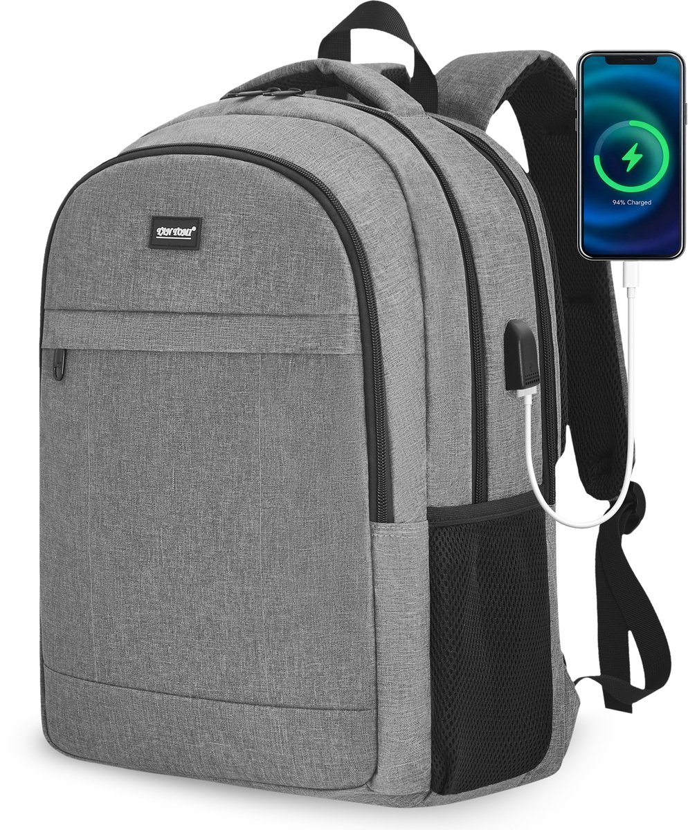 TAN.TOMI Rugzak - Laptop Rugzak - 28L - Inclusief Usb Oplaadstation - 17,3 Inch - Schooltas - Heren en Dames - Tas - Grijs