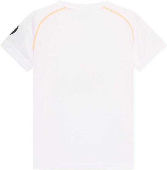 Wit Real Madrid voetbalshirt, achterkant. Met oranje accenten.