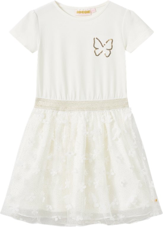 Robe blanc cassé avec application de papillon à paillettes et jupe en tulle.
