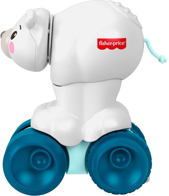 Witte Fisher-Price berenknuffel op blauwe wielen, met lichtblauwe staart en Fisher-Price logo.