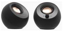 Twee zwarte ronde speakers met zilveren ringen en koperkleurige speakers.