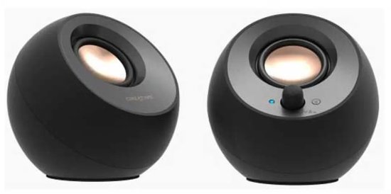 Twee zwarte ronde speakers met zilveren ringen en koperkleurige speakers.