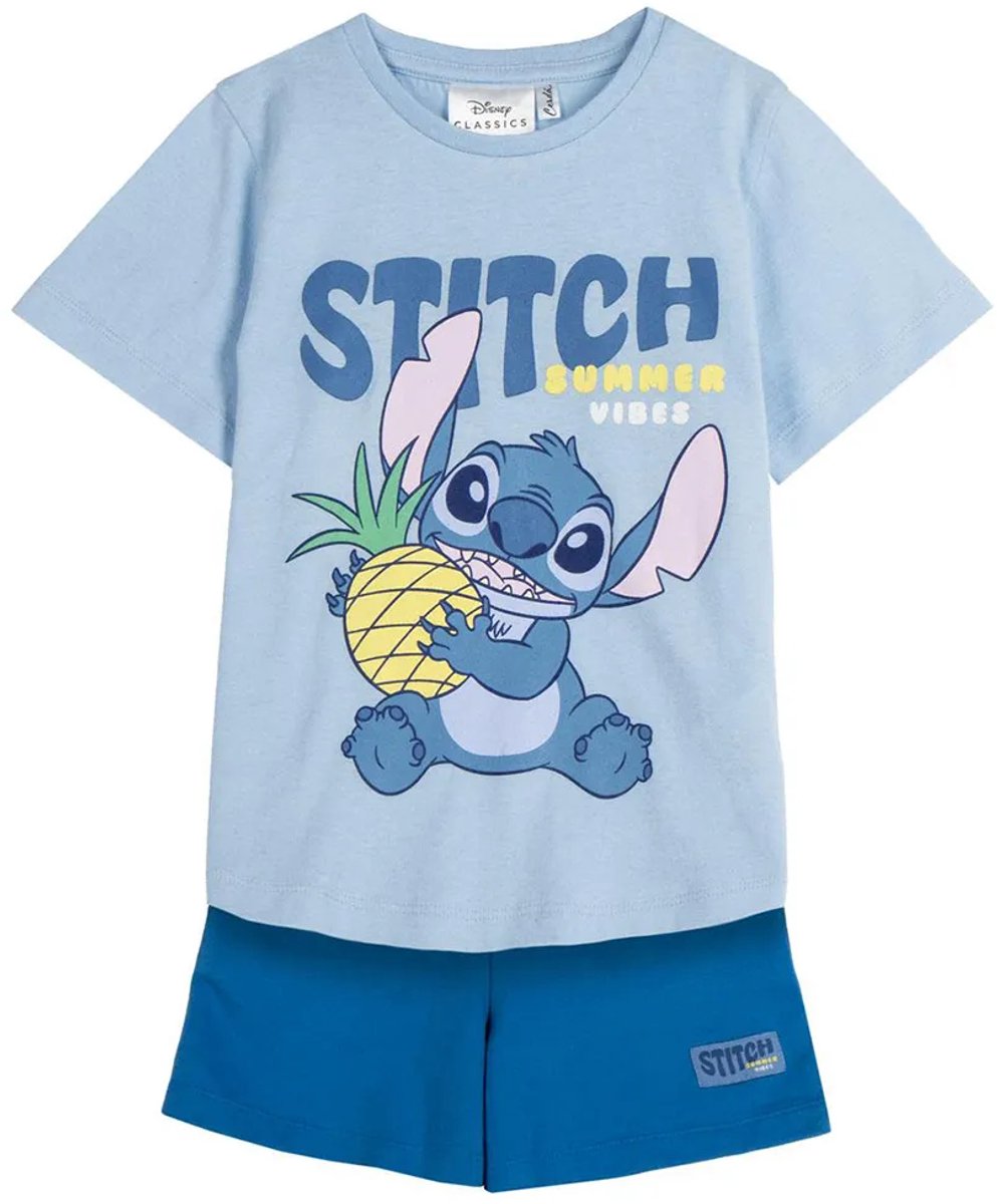 Disney Stitch Zomerset Jongens Meisjes – T-shirt en Korte Broek Shortama – Blauw – Kinder Kleding Set