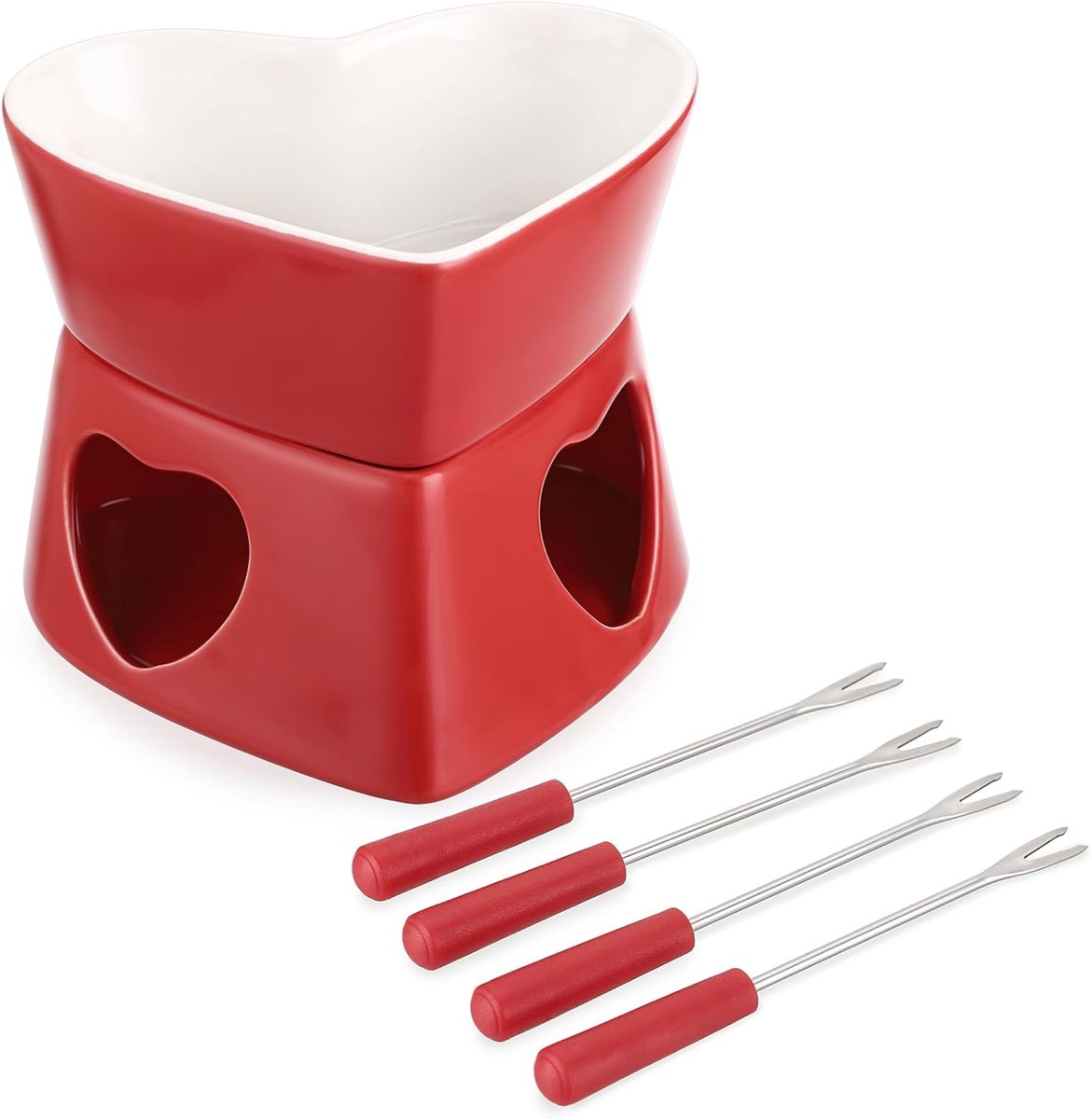 Kaasfondue Set - Hartvormig - 320 ML - Keramische Chocoladefondue Set - Theelichtfondue - Rood – foto 7