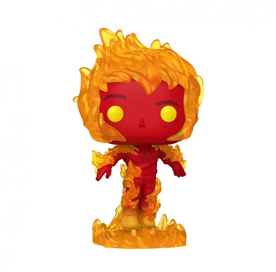 Figurine rouge entourée de flammes, avec des yeux jaunes et le logo '4' sur la poitrine.