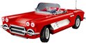 Rode LEGO Chevrolet Corvette cabriolet met witte zijkanten en een transparante voorruit, gefotografeerd op een witte achtergrond.