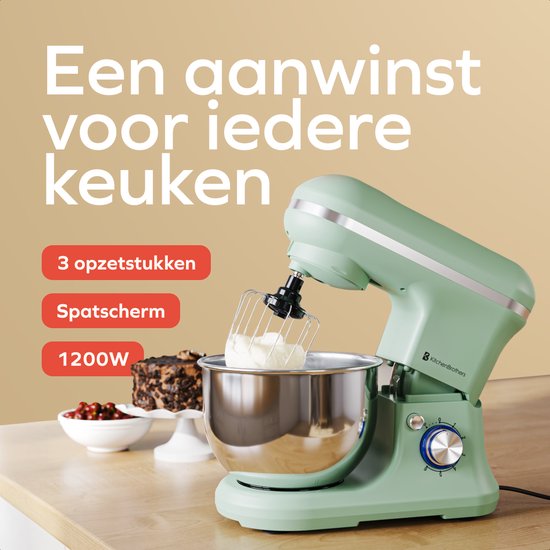 Pastelgroene keukenmachine met 3 accessoires, spatscherm en 1200W motor.