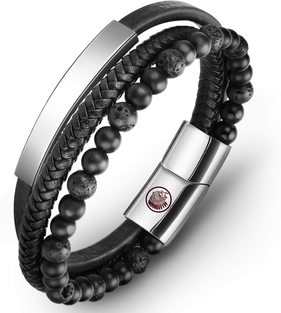 Green Glow - Gevlochten leren armband voor heren in zwart en bruin met magneetsluiting, handgemaakt, klassiek design, gegraveerd - sieraden in luxe doos.