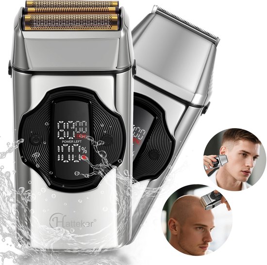 Hatteker Elektrisch Scheerapparaat voor Mannen – 2-in-1 Scheer- en Trimgapparaat – Tondeuse – Foliescheerapparaat met 3 Snelheidsstanden en Oplaadbasis – IPX7 Waterdicht – Magnetische Scheerkop – Zilver - Hatteker - €38,69