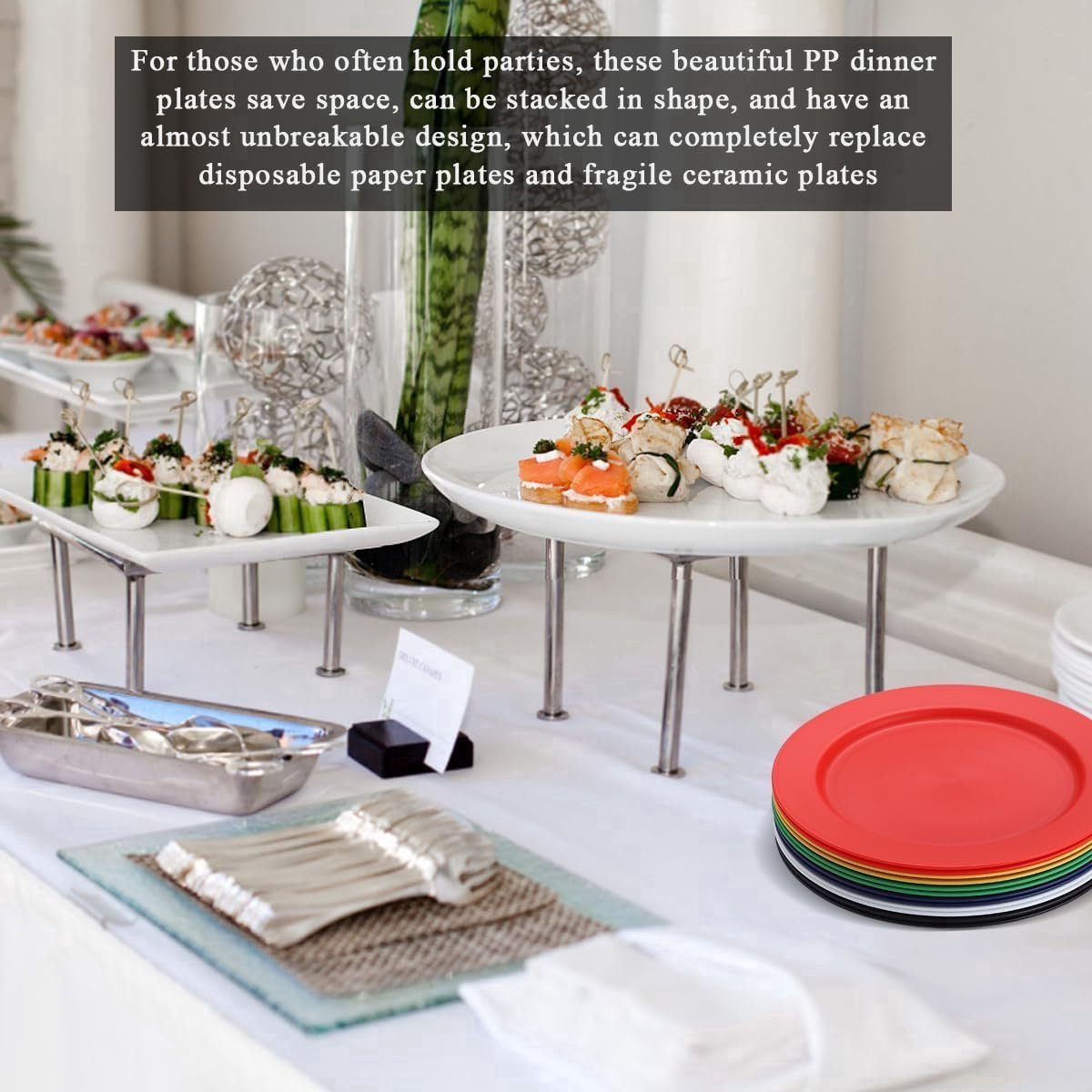 Stunq® Kunststof bordenset, 12 stuks, 25 cm, meerkleurig, herbruikbare platte platte borden, saladeborden, pastakommen, serviesset gemakkelijk te vervoeren voor thuis, tuin, picknick, camping