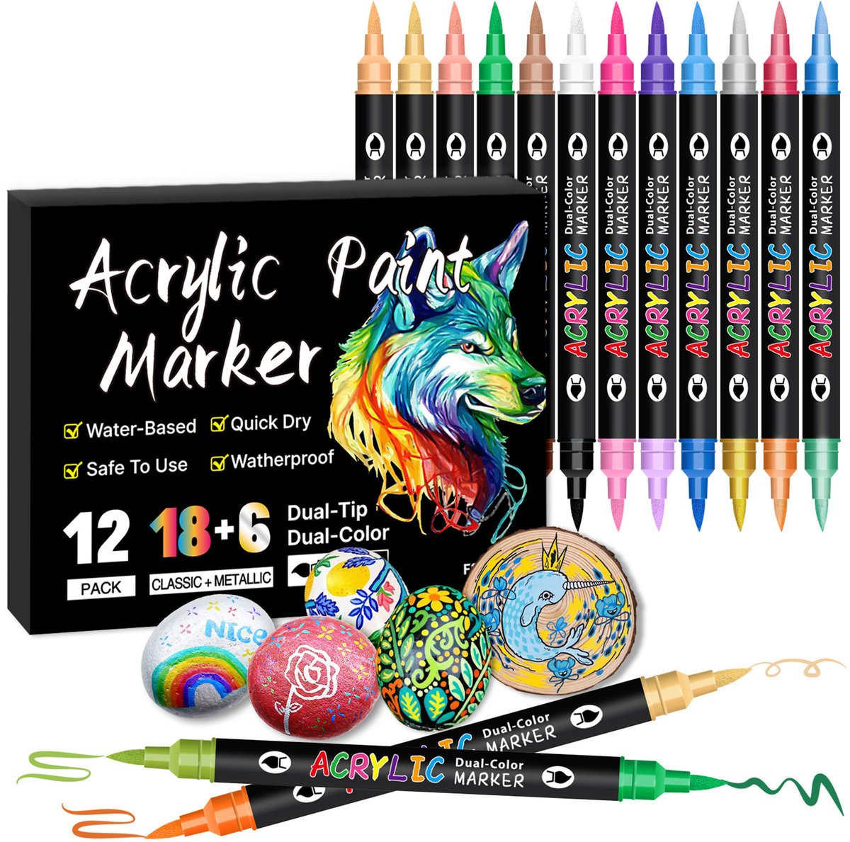 Dubbelzijdige acrylmarkers - 12 stuks, 24 kleuren - Waterbasis, niet giftig, afwasbaar, geschikt voor studenten en creatieve projecten - Meerkleurig
