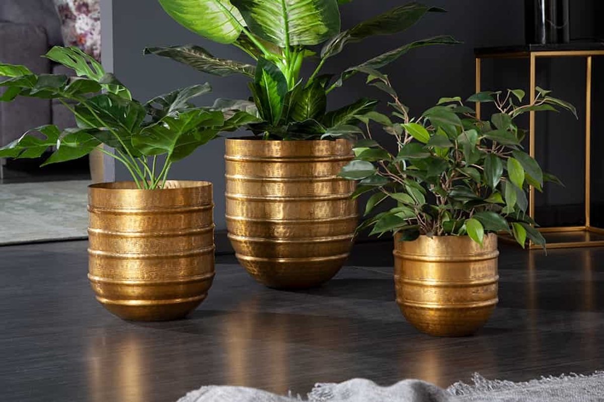 Set van 3 bloempotten ORIENT 25/20/15cm metaal goud gehamerd ontwerp - 41269