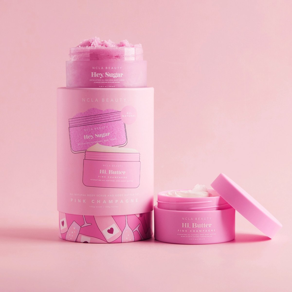 NCLA Beauty Pink Champagne Lichaamsverzorgingsset – Bodyscrub + Bodybutter – Luxe Roze Champagne Geur – Hydraterend & Vegan – Zachte, Gladde Huid – Selfcare Cadeau