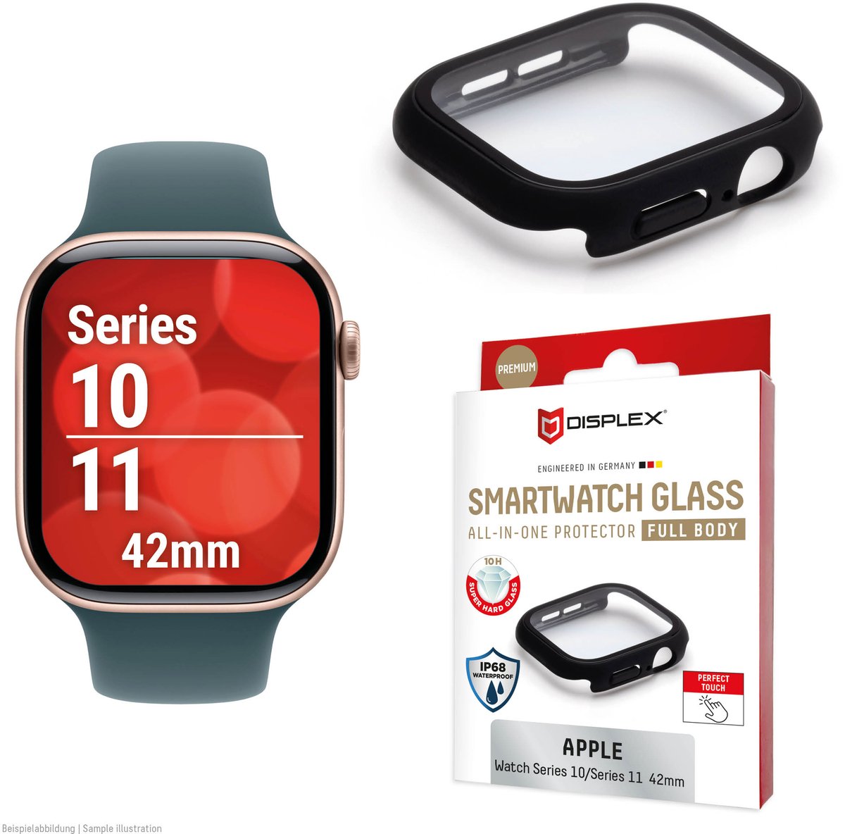 Displex 10H Panzerglas für Apple Watch 10 (42mm), Full Body Schutz, IP68, Snap-On, black frosted, Schermbeschermer, Smartwatch, Zwart, Apple, Apple Watch 10 (42mm), Polycarbonaat (PC), Gehard glas