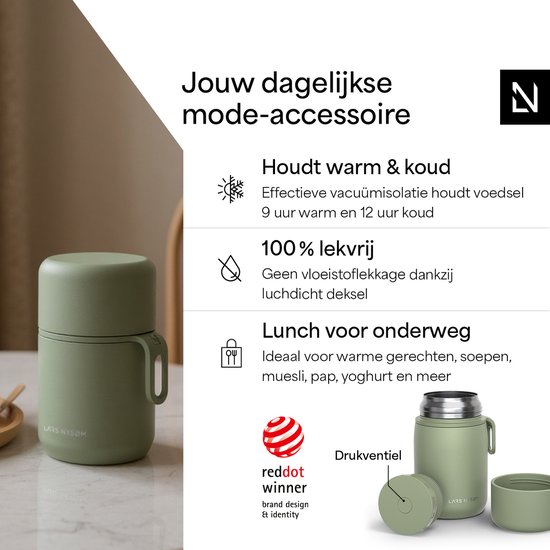 Sage green LARS NYSØM voedselcontainer, 500 ml, lek- en krasvrij. Ideaal voor warme gerechten onderweg.