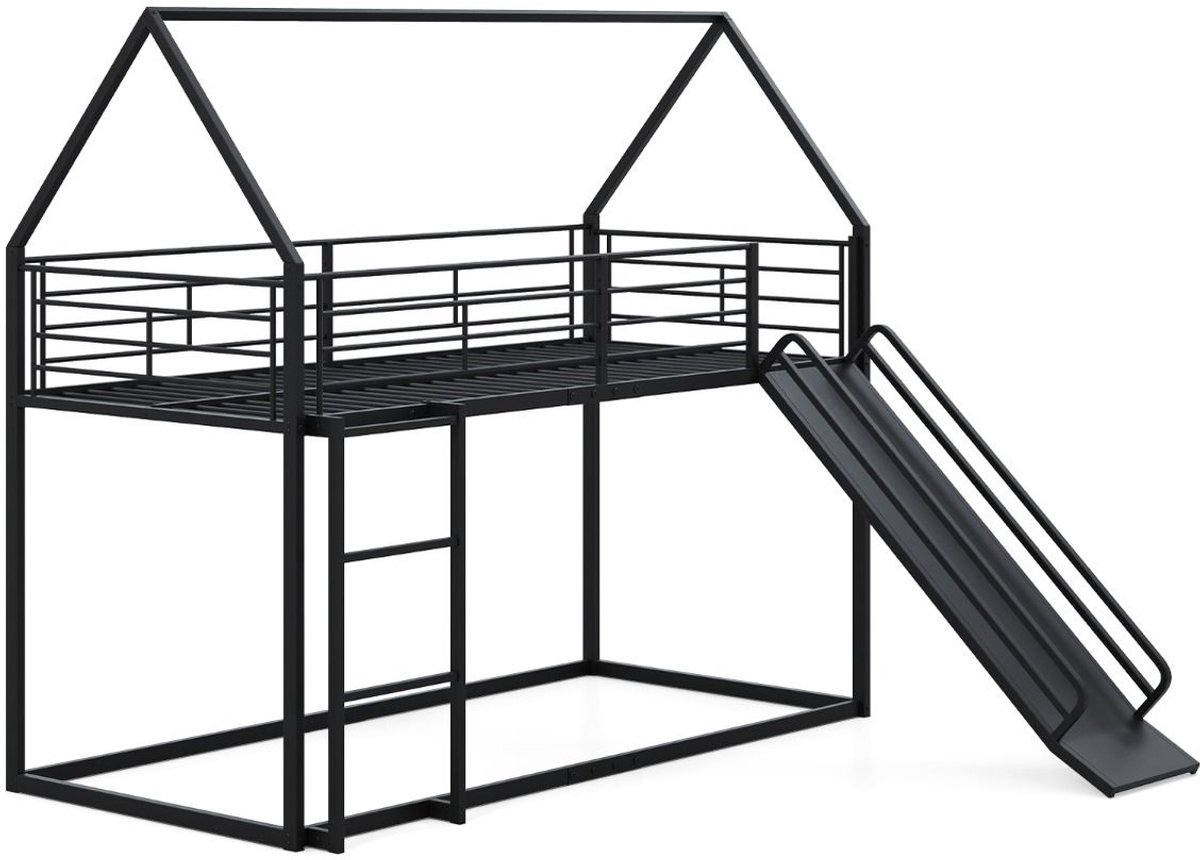 Bedhuisje - Kinderbed - Peuterbed - Vloerbed - Met Uitvalbeveiliging - Met glijbaan - 204 x 195 x 181,5 cm - Bedbank - Exclusief Matras – Zwart