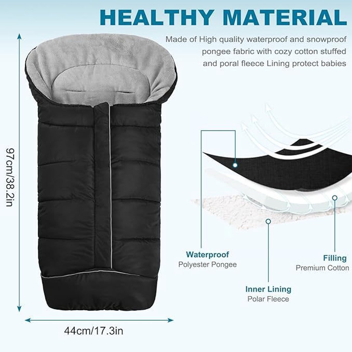 Voetenzak voor kinderwagen-Voetenzak wintervoetenzak voor kinderwagen, universele babyvoetenzak, buggy, winter, met ritssluiting, reflecterende strepen, waterdicht, voor sportwagen, jogger, buggy, zwart – foto 4