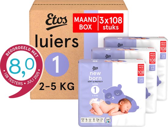 Etos Luiers - Newborn - Maat 1 - 2 tot 5 kg - Maandbox - 324 stuks