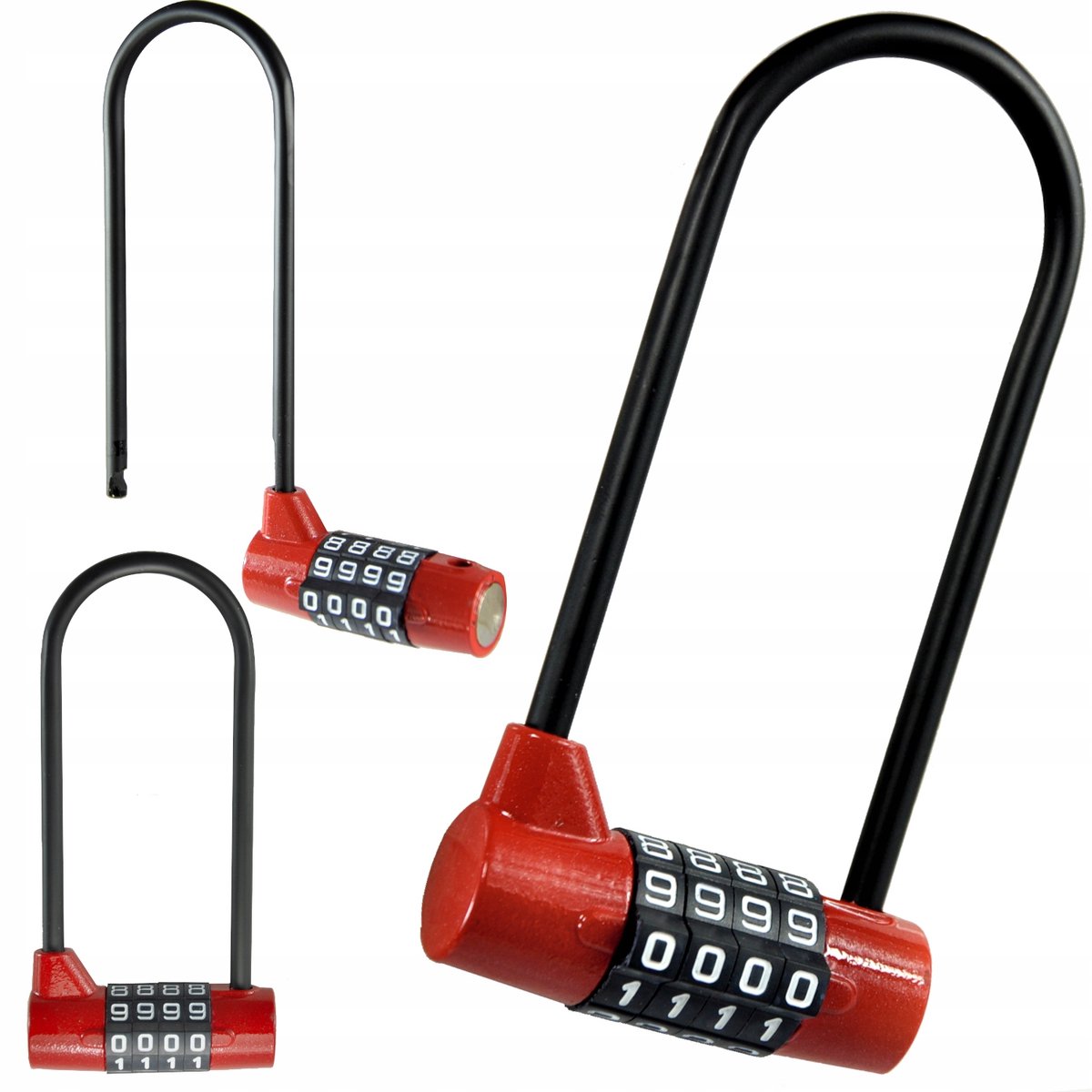 Cilinderhangslot met lange beugel - 4 cijfers - Rood
