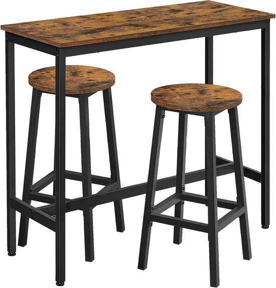 Hoge bartafel met twee barkrukken, met houten blad en zwart metalen frame.