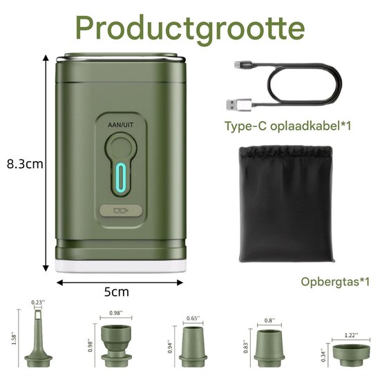 QTTVBTNA - Elektrische Opblaaspomp - 2-in-1 LED Campinglamp - 2400 mAh - Oplaadbare elektrische pomp - Voor luchtbed, opblaasbaar zwembad, zwemring, vacuüm opbergzak - Groen - 5x5x8,3cm - 1 stuk — afbeelding 2