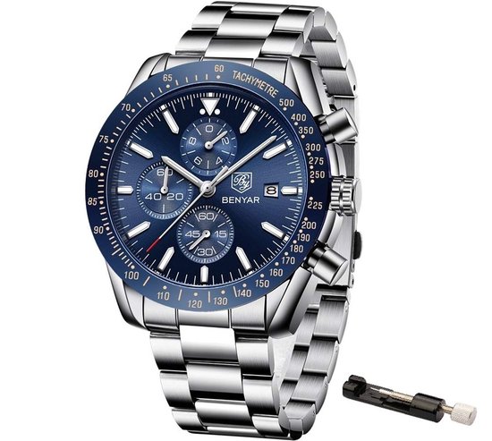 Montre homme en acier - Chronographe - Montre-bracelet - Outil de réglage - Blauw