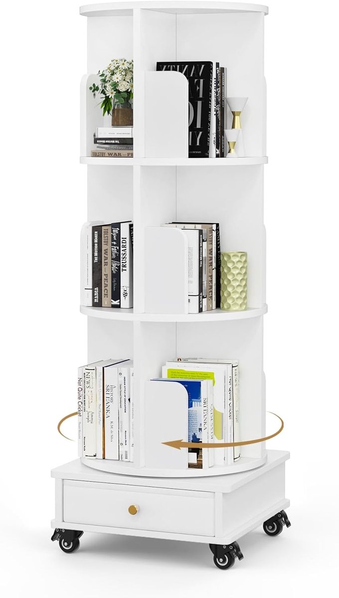 Boekenkast - Draaibare boekenkast met drie niveaus - met vergrendelbare wielen en lades - Houten hoekboekenkast - Mobiele boekenkast - Geschikt voor studeerkamer, slaapkamer en woonkamer - Wit