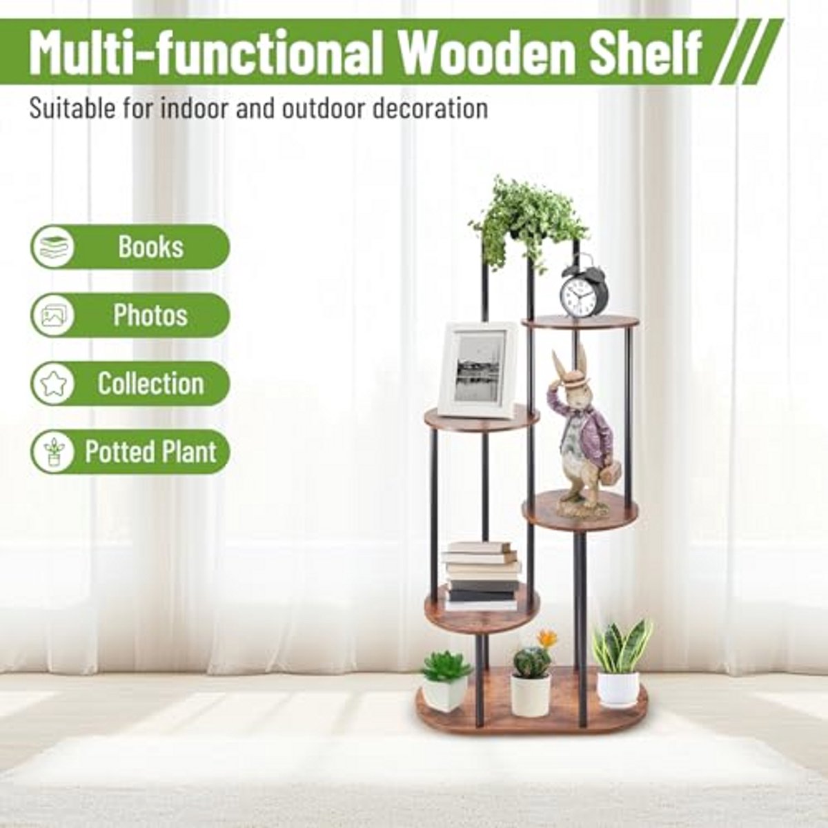 6-Tier Houten Plantenrek - Ronde Multi-tier Plantenstandaard voor Binnen en Buiten - Ideaal voor Woonkamer, Slaapkamer, en Terras