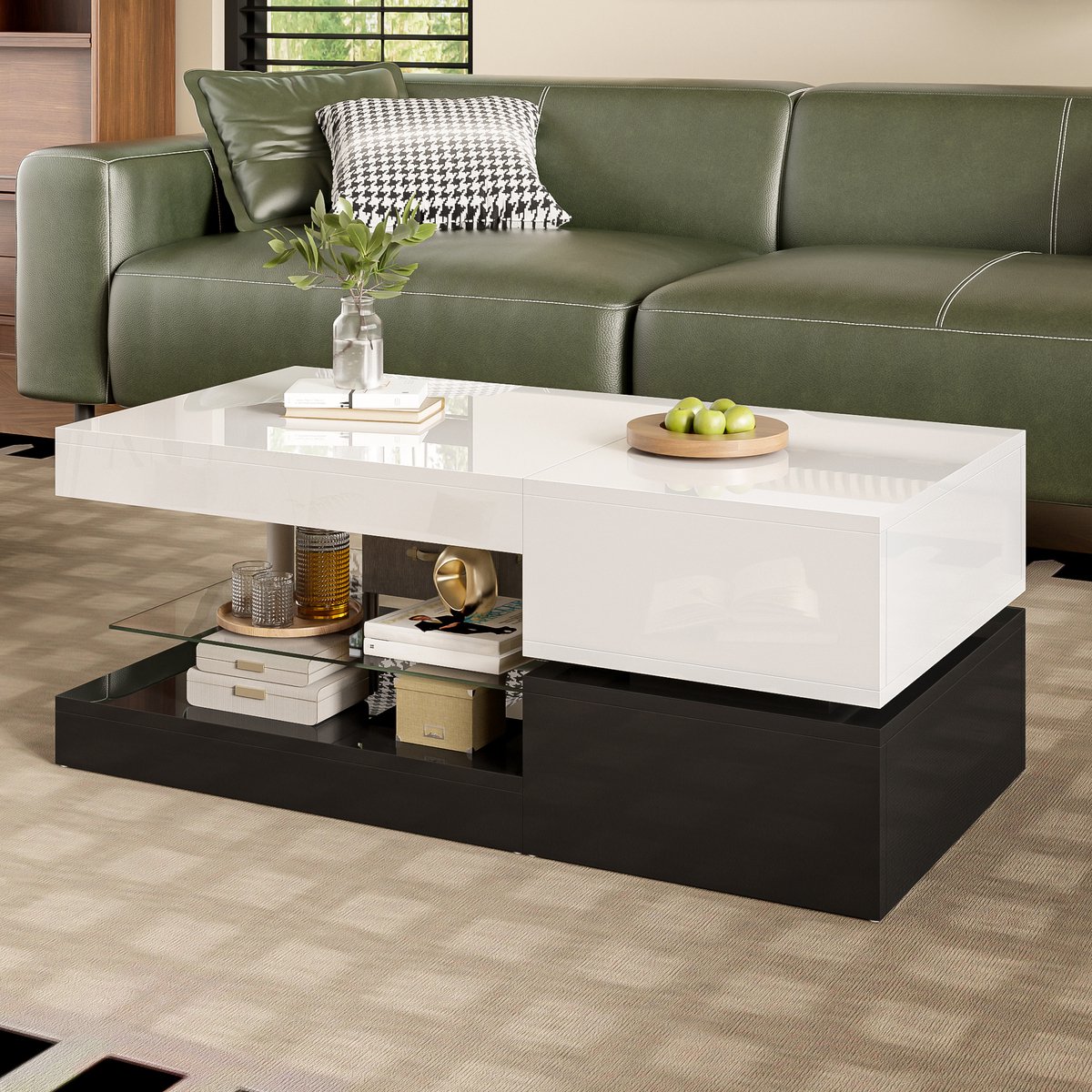 OKWISH Salontafels - Koffietafel Hoogglans Wit-Zwart Met LED-App & Bluetooth - 90x45x35,5 cm - Spaanplaat