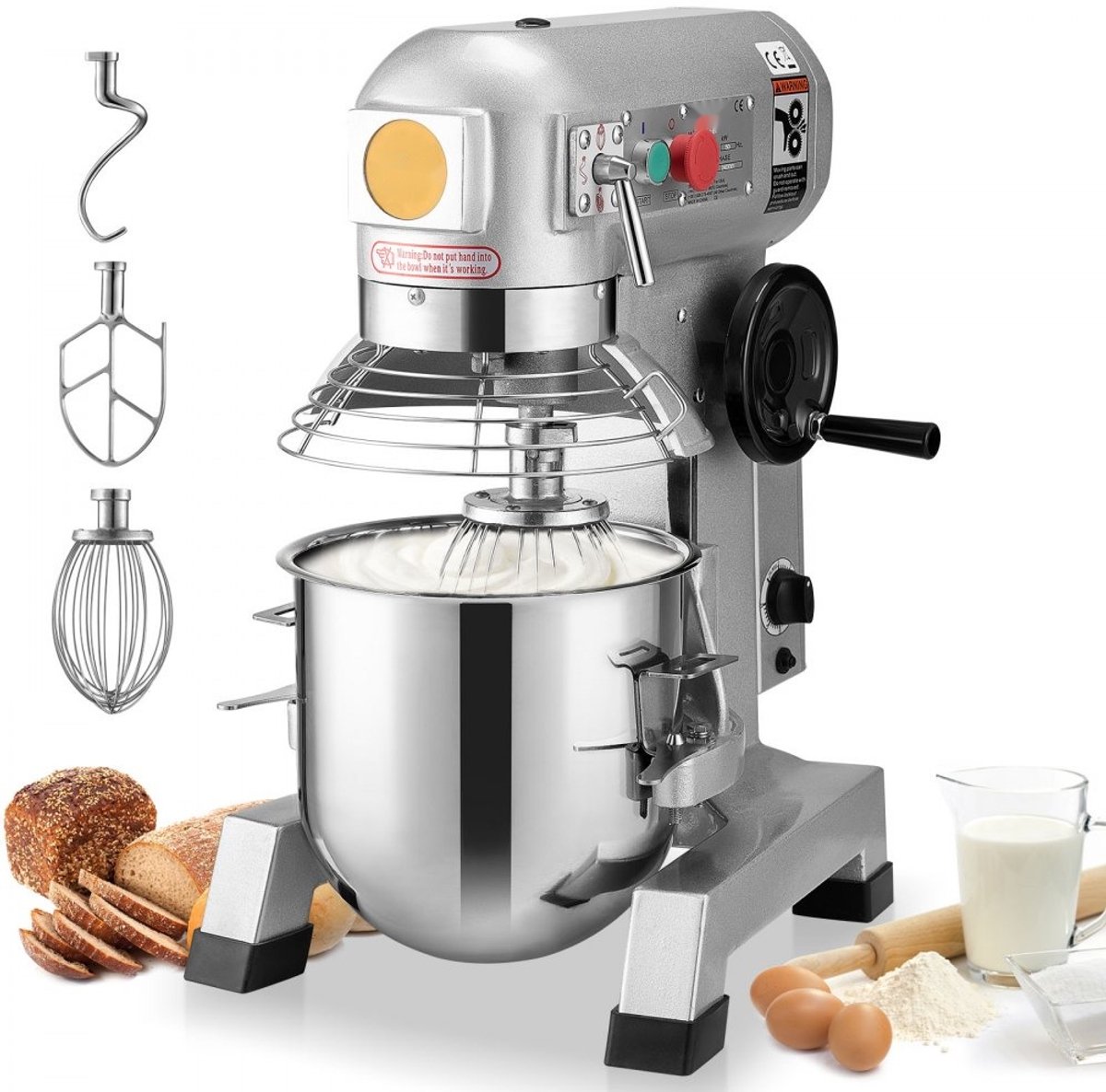 Commerciële Keukenmixer - Planetaire Standmixer/Deegmixer - 18,7 L Capaciteit - 1100 W Motor - 3 Snelheden - RVS Kom - 3 Opzetstukken