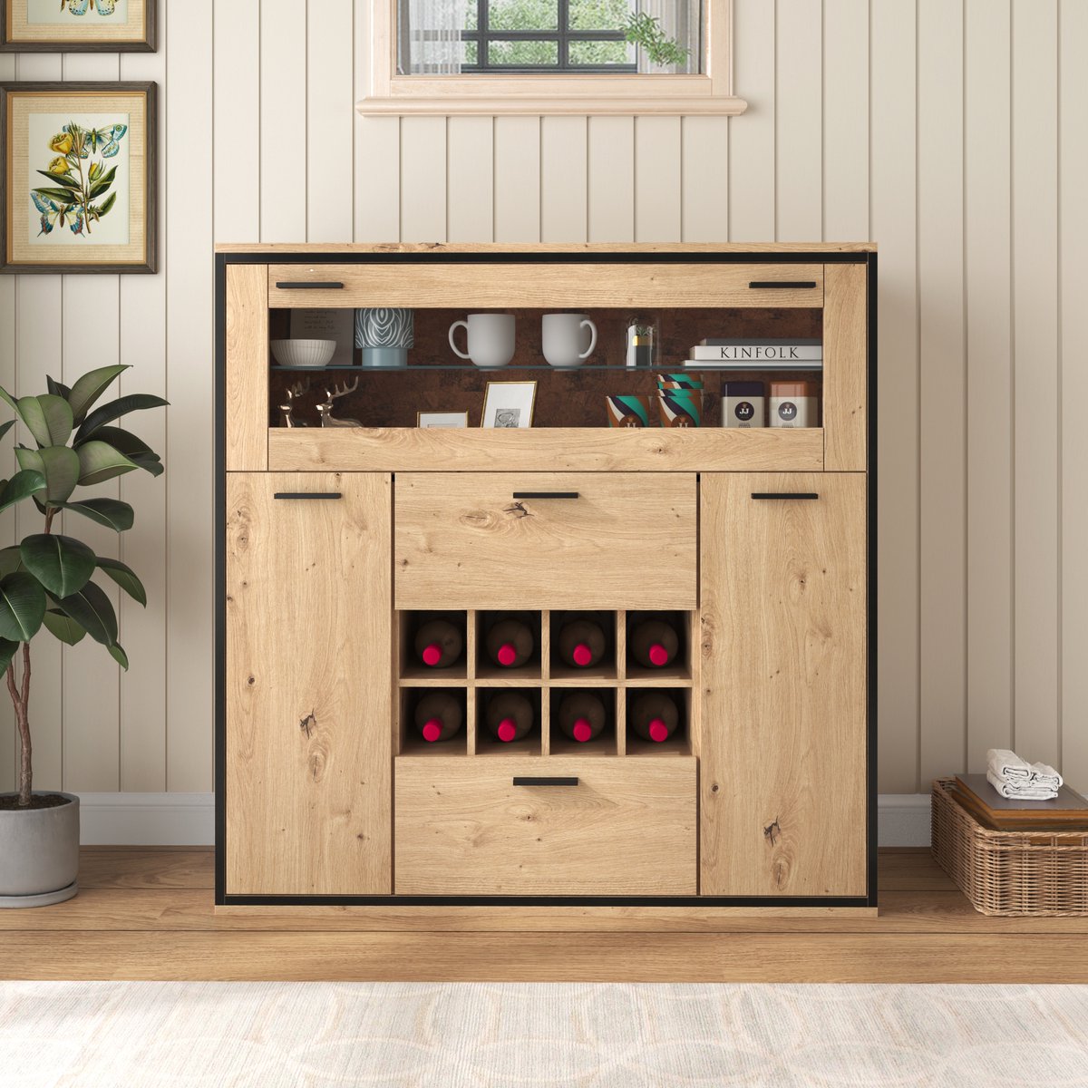 STILVORA Dressoirs 110x38x111 cm - Functioneel Sideboard Met LED-Verlichting - Wijnrek Inbegrepen - Dressoir Kasten - Voor Thuisgebruik - Spaanplaat - Natuurlijk