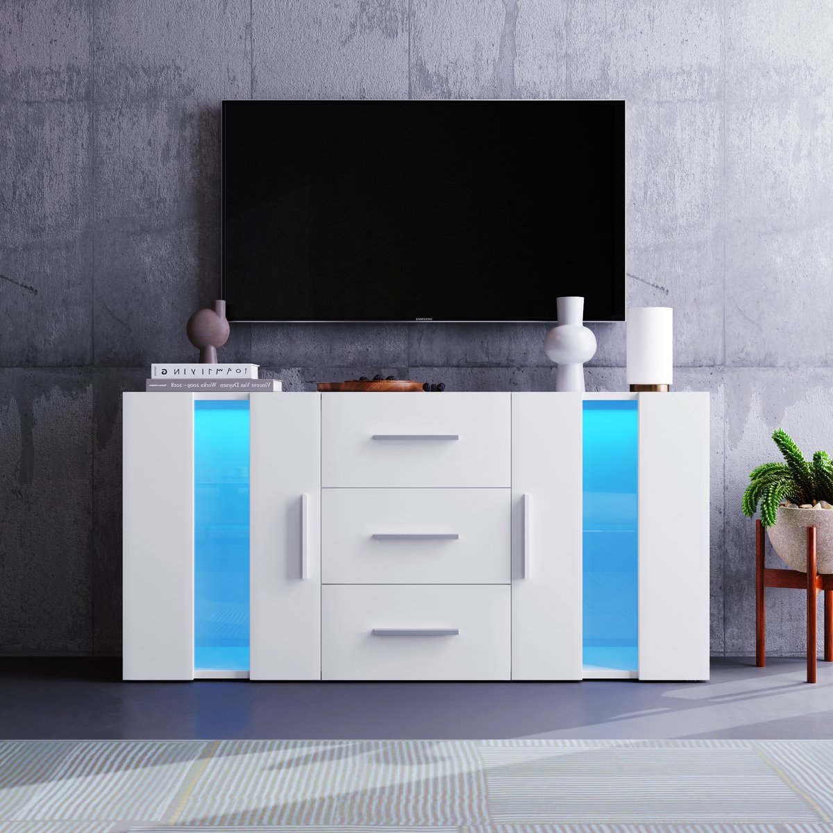 STILVORA Dressoirs - Dressoir Kasten Met 16-Kleuren LED - 5-7 Opbergruimtes, Verstelbare Planken - 140×35×70 cm - Spaanplaat - Wit
