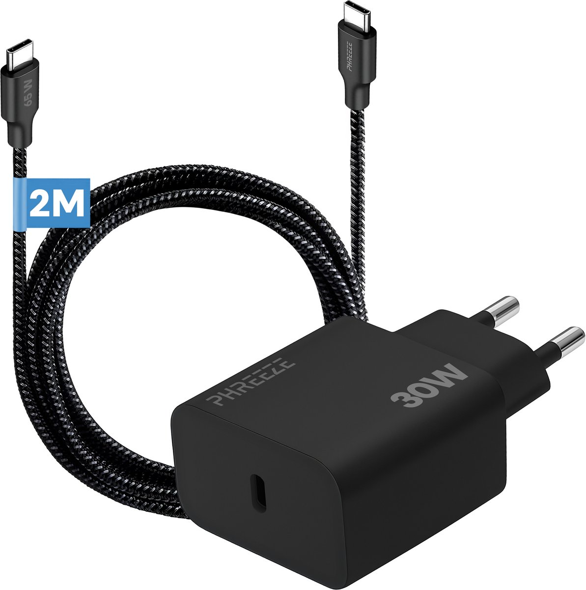 Phreeze usb C adapter 30w - Usb c naar usb c kabel 2 meter - Snellader voor telefoon en tablet