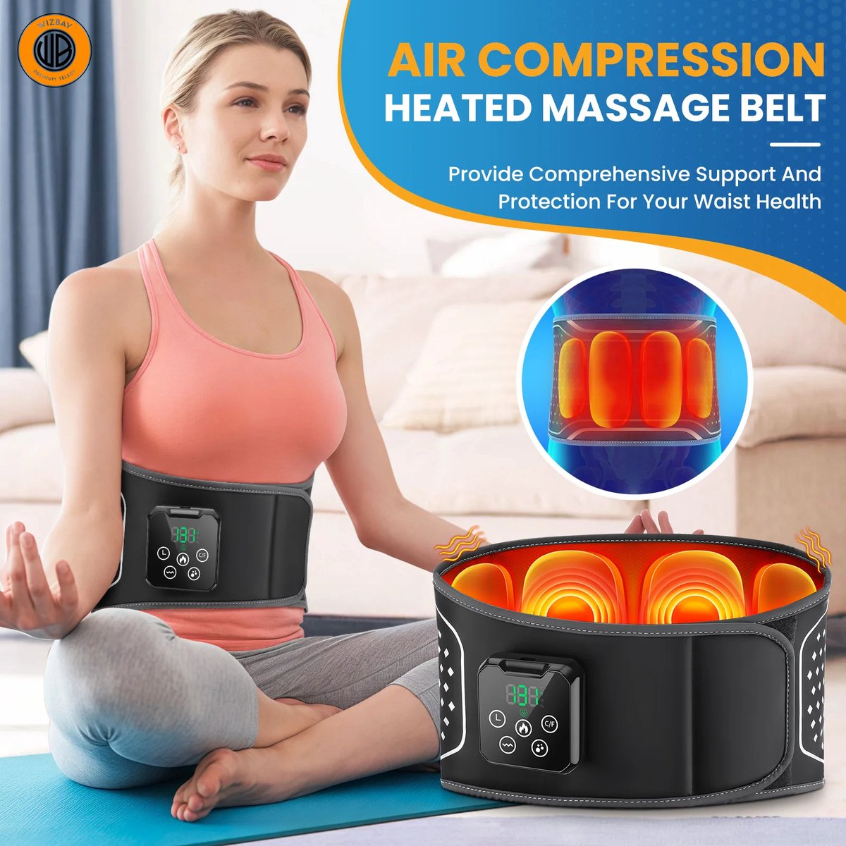 WizBay Premium Select® Rug Massage Gordel - Luchtcompressie - Warmtetherapie - Vibratiemassage - Draadloos - 4000mAh - Zwart
