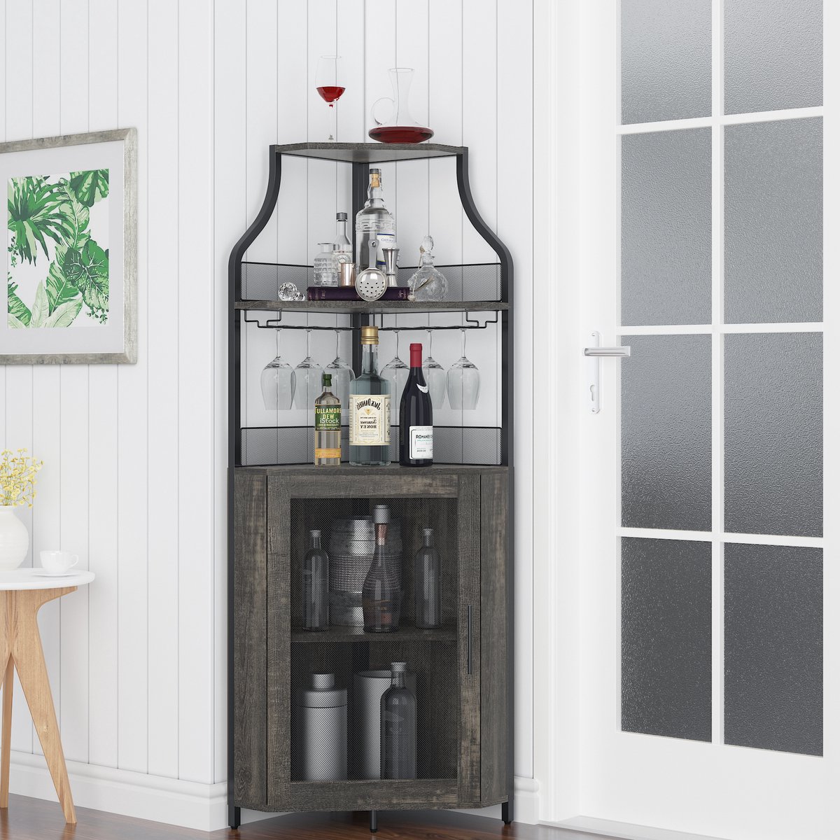 Brisakys - Hoekbarkast - Wijnkast - Industrieel - Metaal - Gaasdeuren - Verstelbare Plank - Anti-Kantelset - 45x45x150cm - eikenkleur – foto 4
