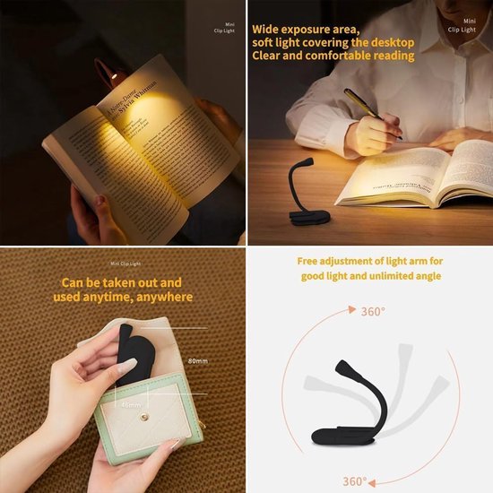 Universele, via USB oplaadbare leeslamp, warm witte LED-clip voor leesbedden, instelbare helderheid, oogvriendelijk leeslampje voor gebruik 's avonds (zwart). van Merkloos — afbeelding 3