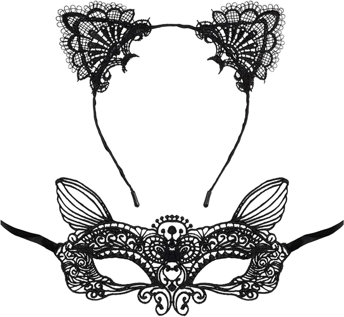 EGoods - Zwarte kanten haarband en masker voor dames voor carnaval en Halloween feesten