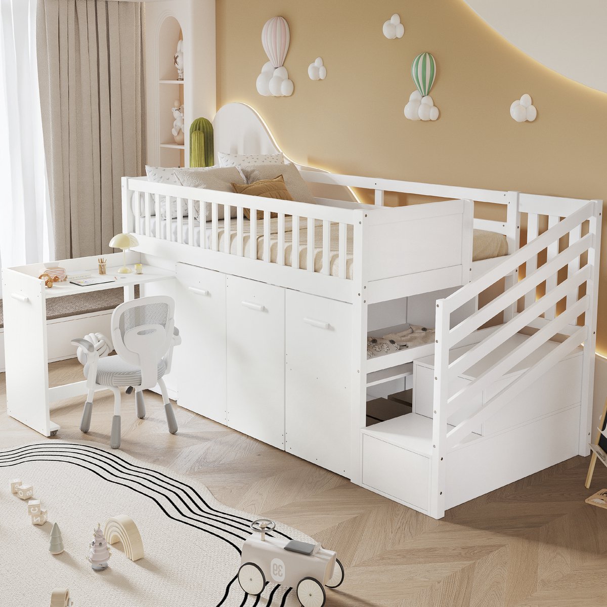 MODFU Kinderstapelbed 90x200 cm – Wit stapelbed met bureau, kast, opbergruimte & trap met 2 vakken – EN747 gecertificeerd